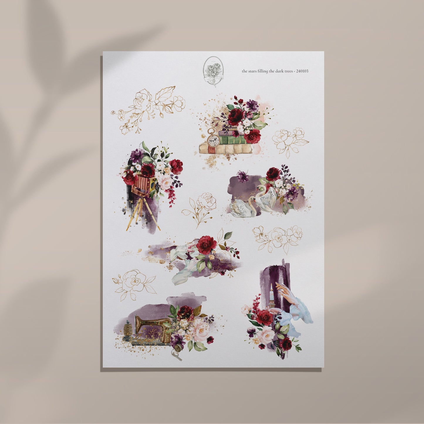 the stars filling the dark trees - Burgundy Floral Large Elements