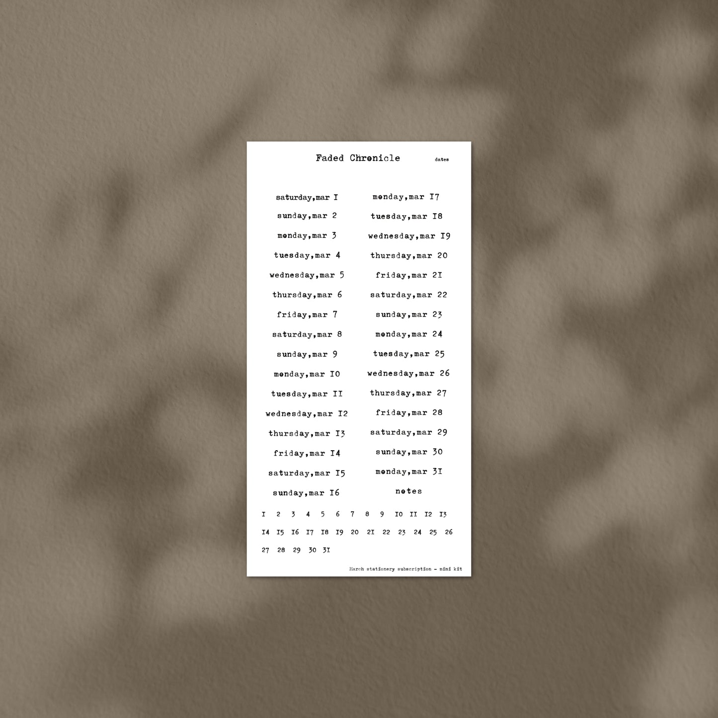 March Stationery Kit Extra - Dates (Gold Foil)