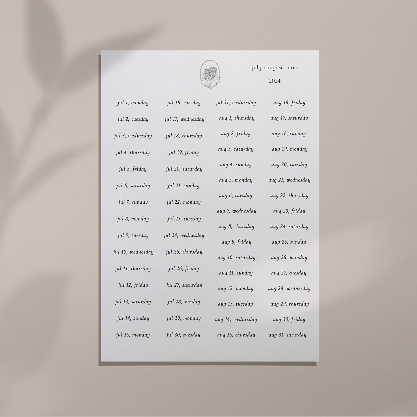 Jul - Aug 2024 Date Sheet