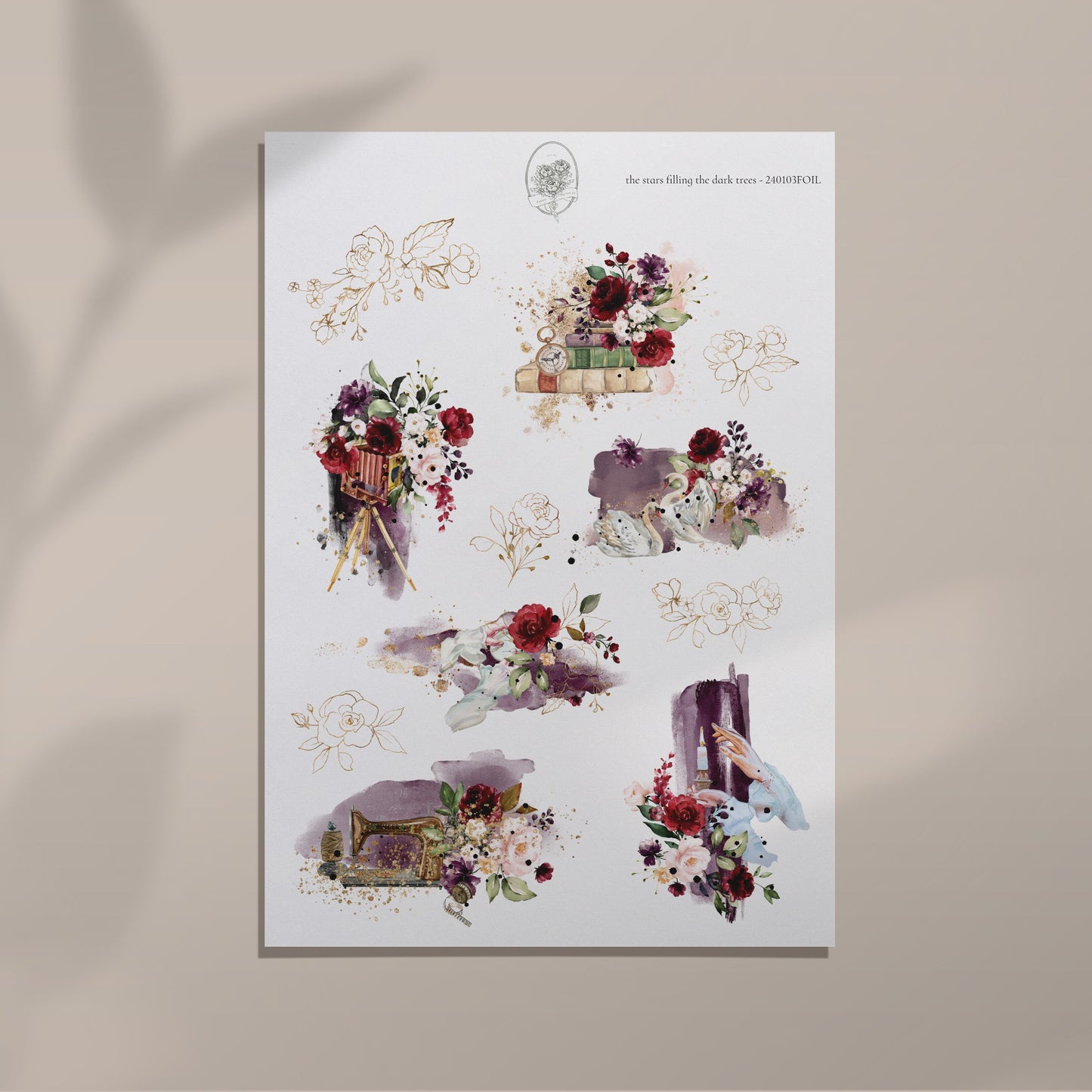 the stars filling the dark trees - Burgundy Floral Large Elements