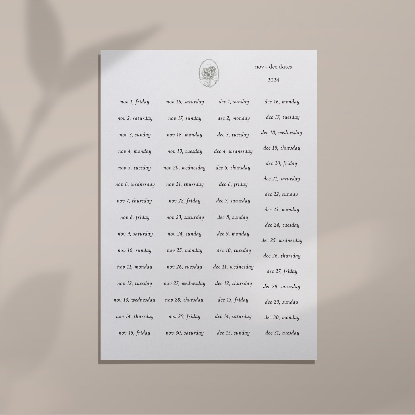 Nov - Dec 2024 Date Sheet