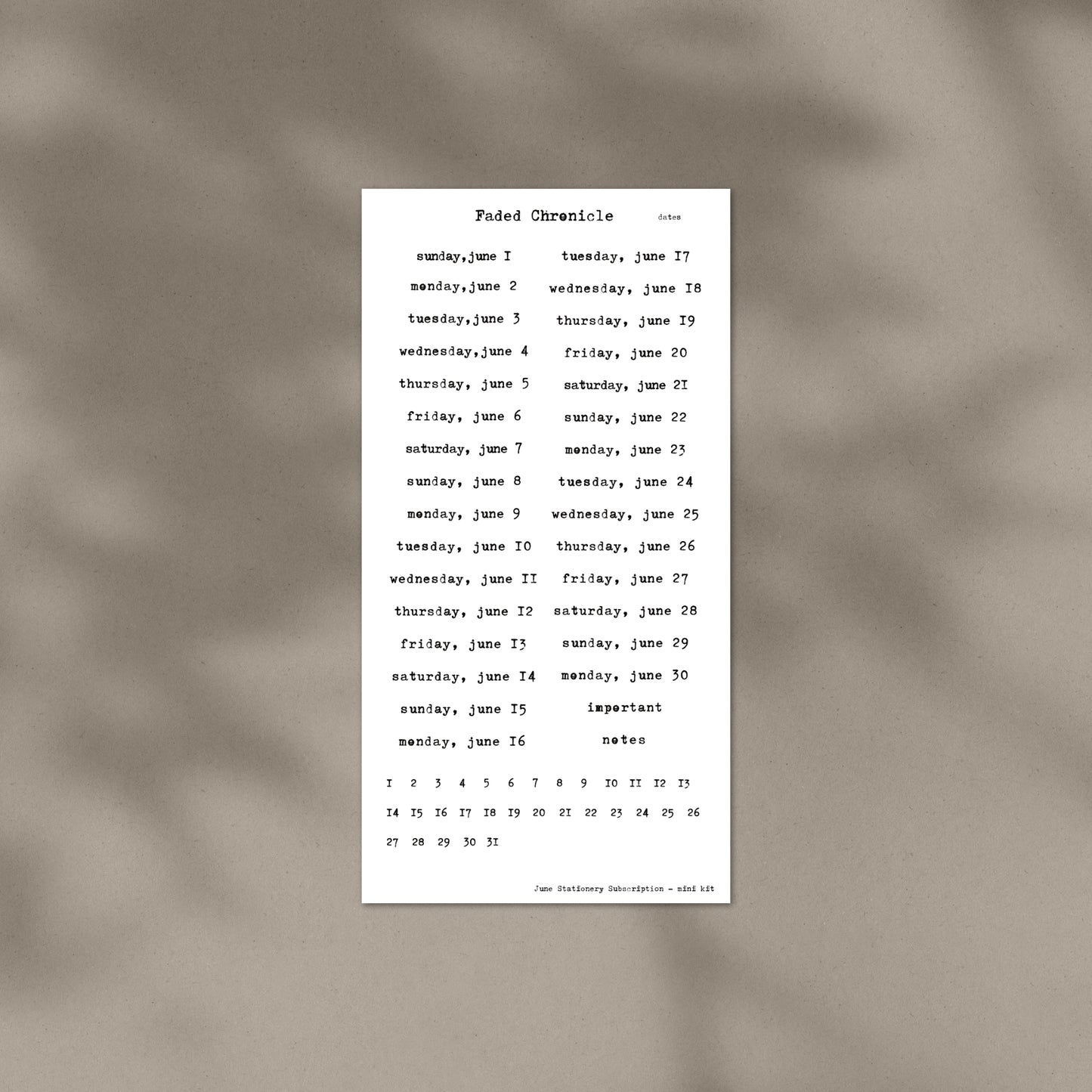 June Stationery Kit Extra - Dates (Gold Foil)