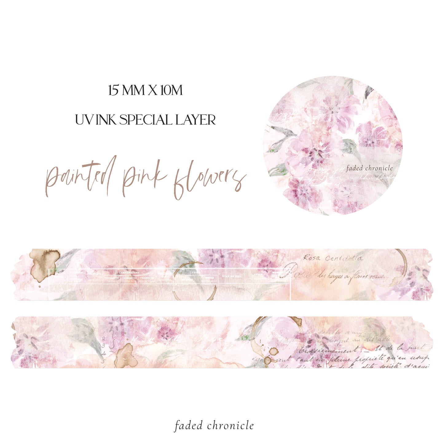 painted pink flowers washi tape 15mm