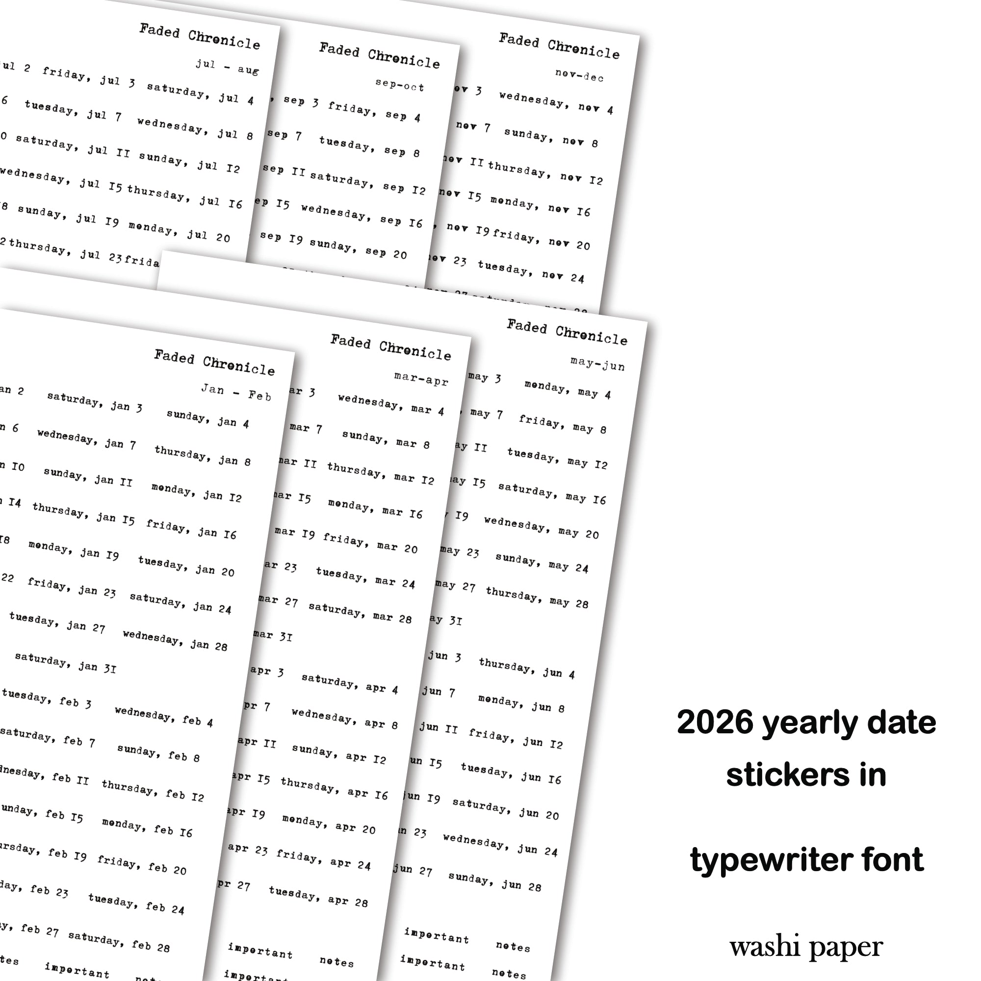 2026 Dates Sticker Bundle - Vintage Type Writer Font