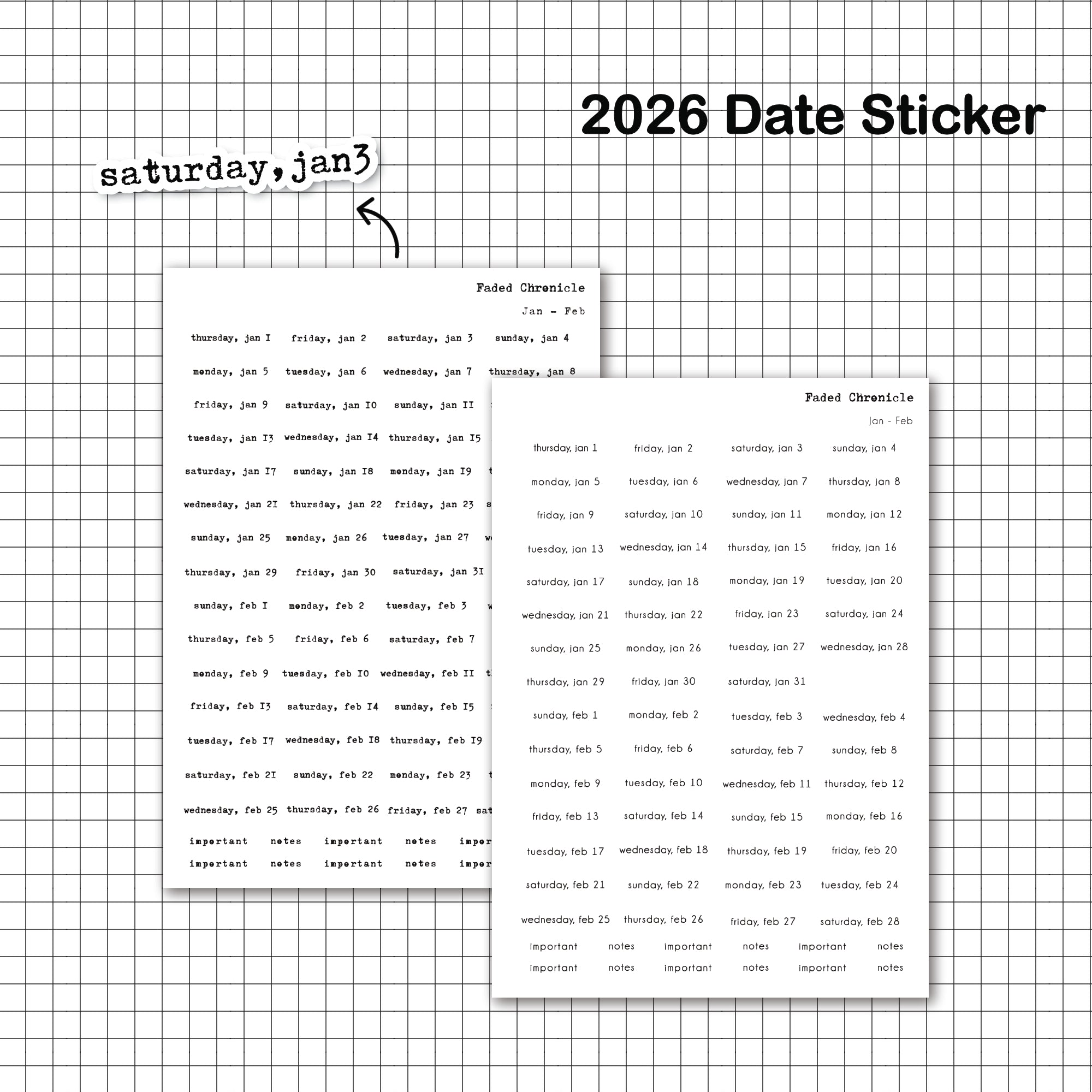 2026 Dates Sticker Individual Sheet