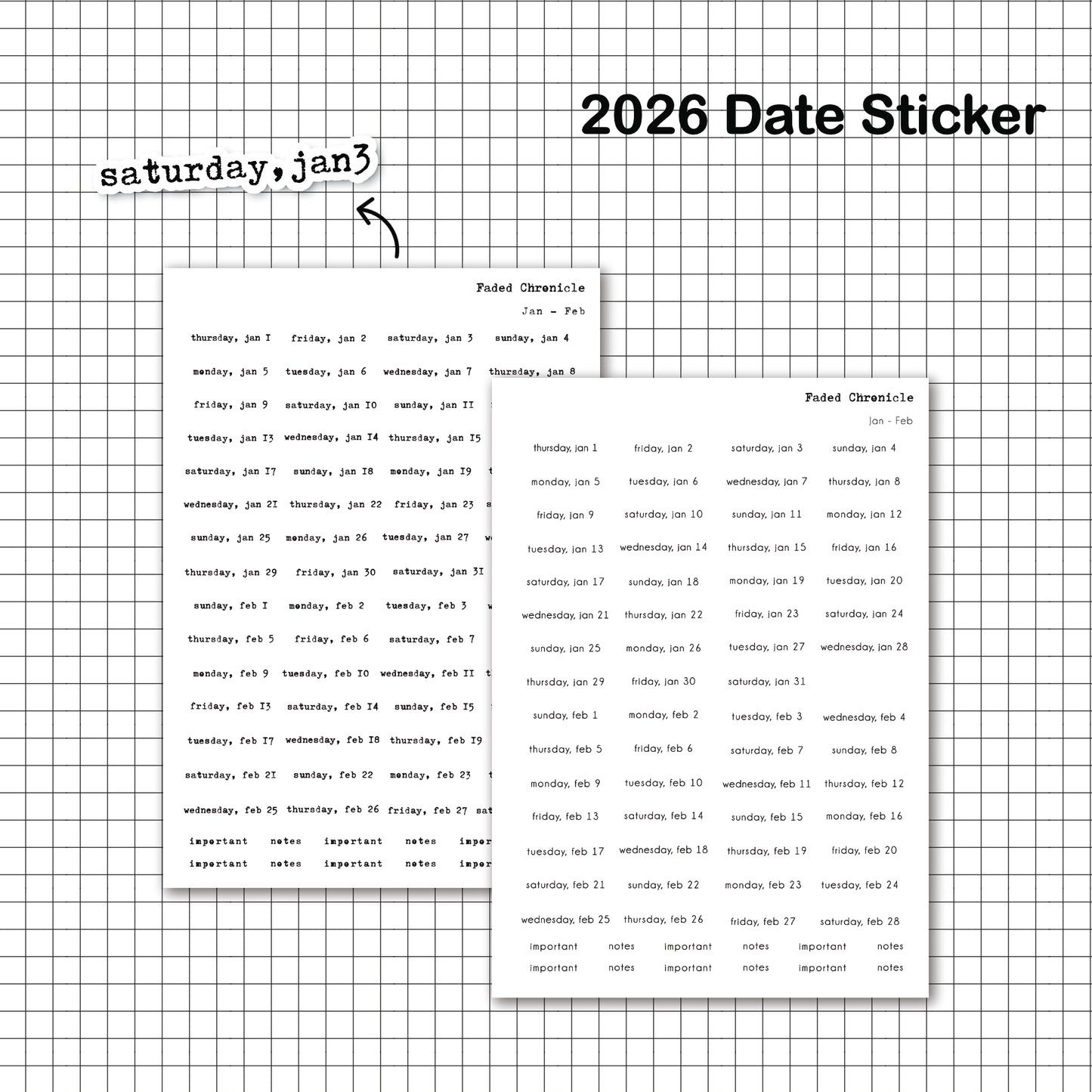 2026 Dates Sticker Individual Sheet